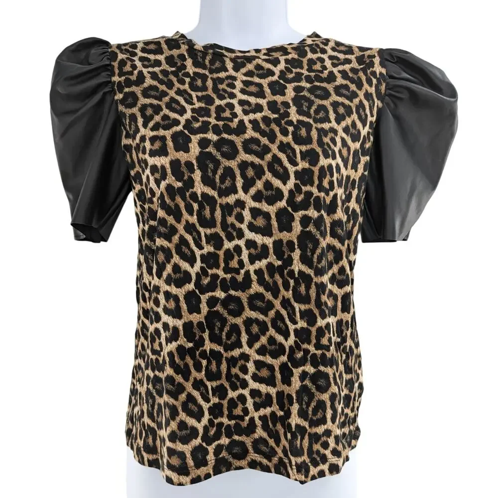 Michael Kors Leopard Print Faux Leather Sleeves Size XS - Picture 7 of 15